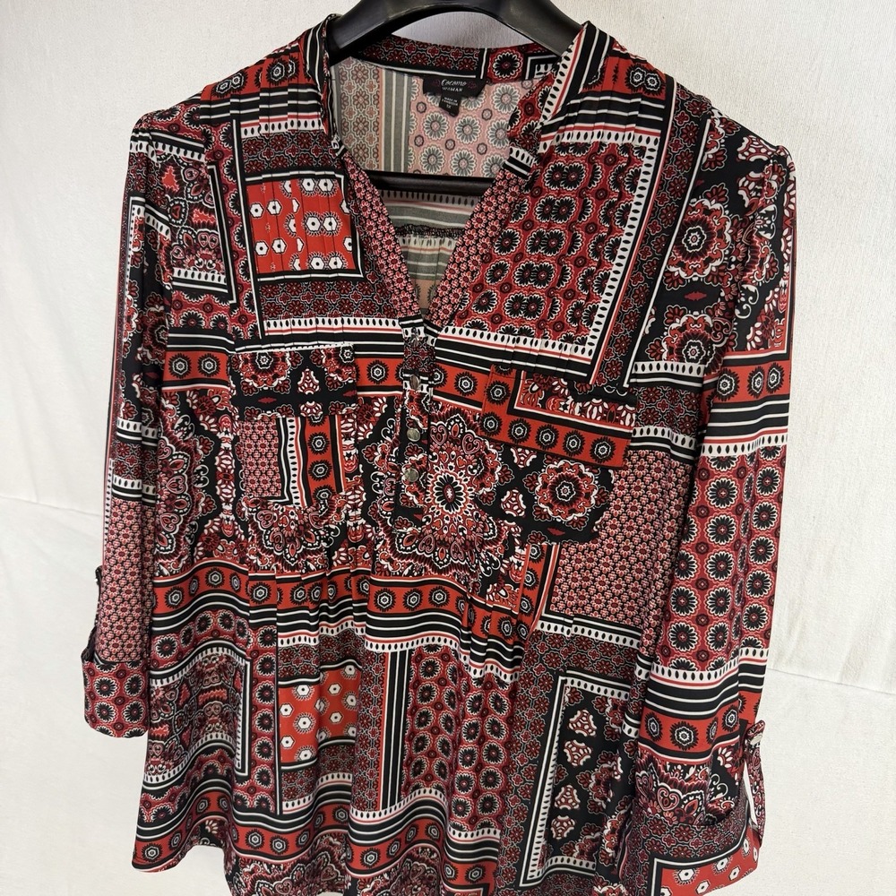 Cocomo Women's Red Black Patchwork Flowy Tunic Business Casual 3/4 Sleeve 1X